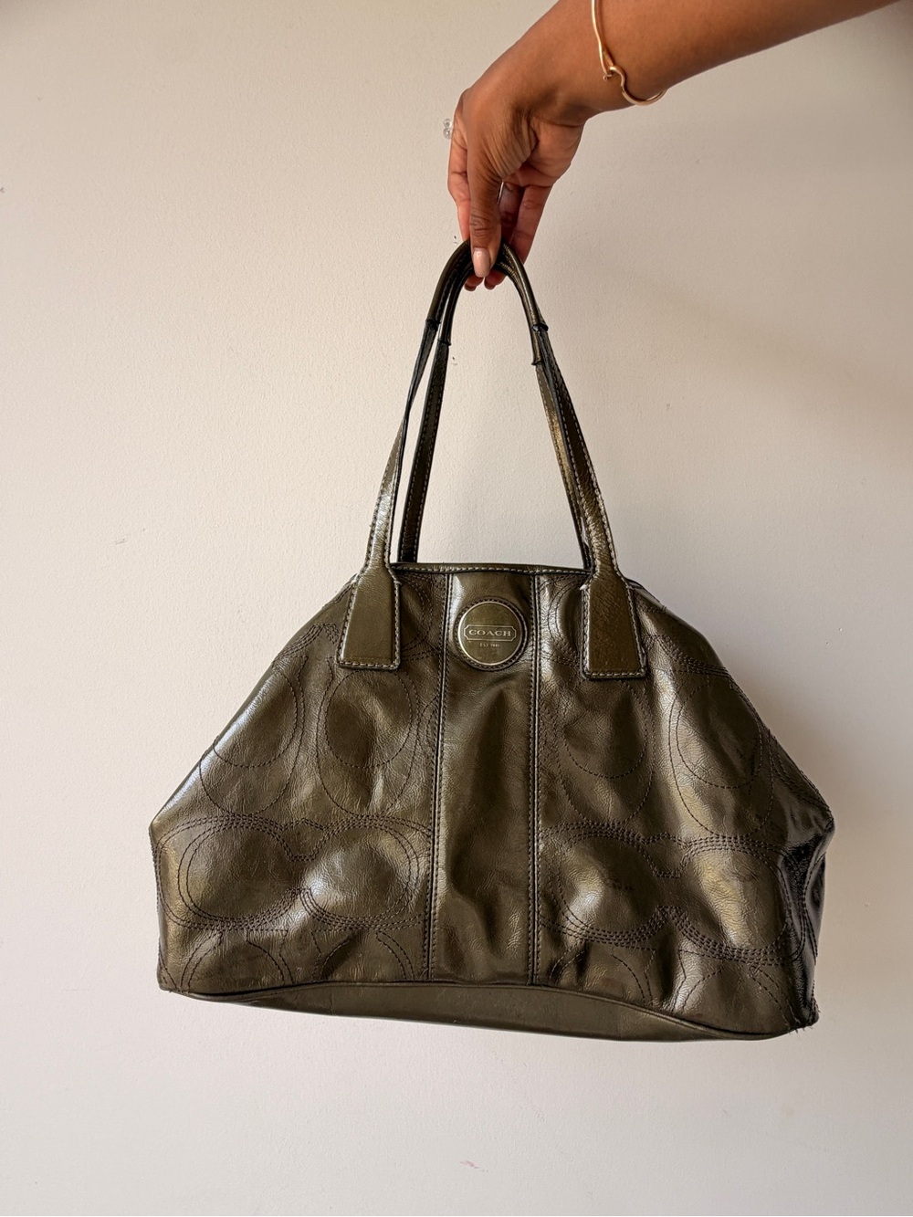 Coach Signature Kisslock Carryall – Metallic Olive Green